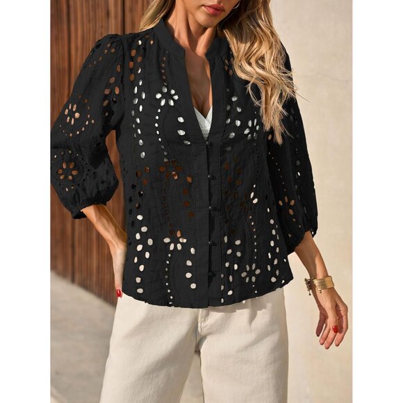 Womens Cotton Deep V Neck Eyelet Blouse 3/4 Balloon Sleeve Casual Elegant - Picture 5 of 8